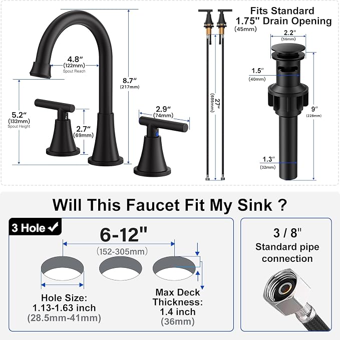 Bathroom Faucets for Sink 3 Hole, Hurran Matte Black Bathroom Sink Faucet - Image 5
