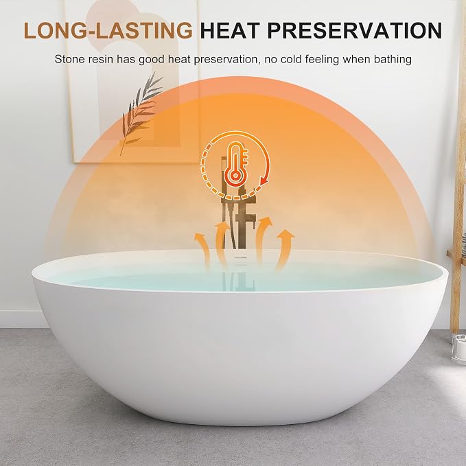 SJ STAR&JANE 61" Solid Surface Freestanding Bathtub, Oval Soaking Tub - Image 5