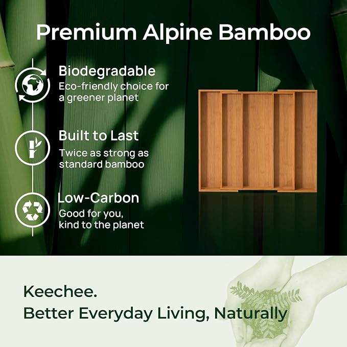 Carbonized Bamboo Kitchen Drawer Organizer, 5 Slots Expandable Silverware - Image 7