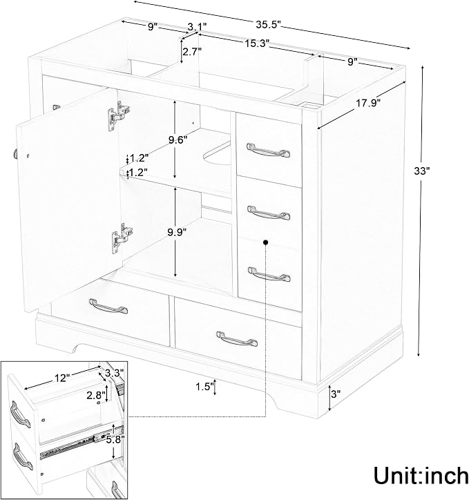 Favfurish 36" Bathroom Vanity Without Top Sink, 6-Drawer Freestanding Cabinet - Image 2