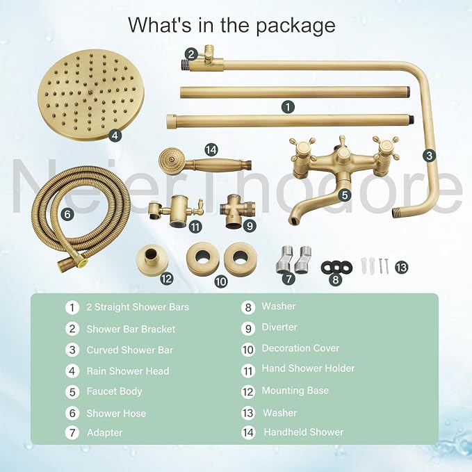 NeierThodore Antique Brass 8-Inch Bathroom Shower Faucet System Rainfall Shower - Image 8