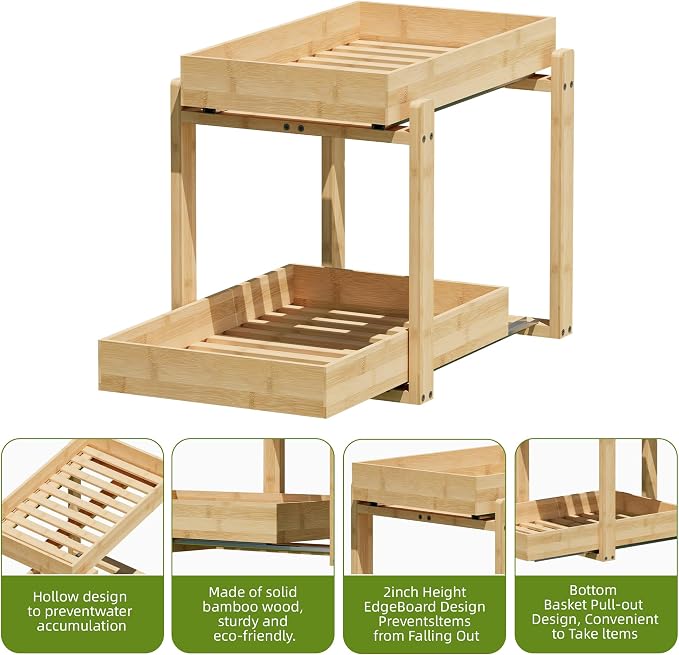 2 Pack Under Sink Organizer, Bamboo Wooden 2-Tier Pull-Out Storage - Image 6