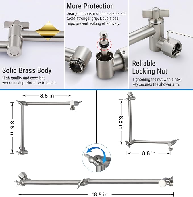 G-Promise 18 Inch Shower Head Extension Arm, Solid Brass Height & Angle - Image 4