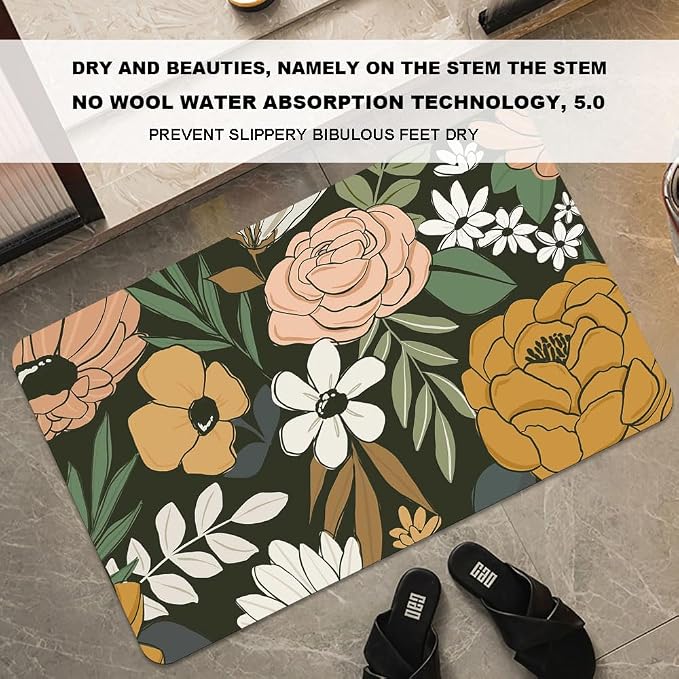 Bath Mat Rug, Vintage Large Floral Non Slip Quick Dry Super Absorbent Thin - Image 3