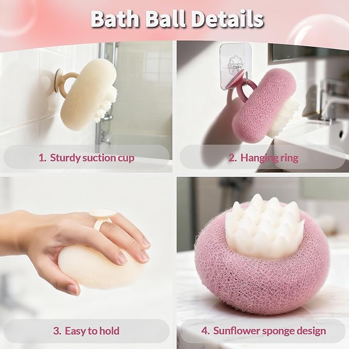 Deep Exfoliating Bath Set 3PCS: 2 Super Soft Sunflower Suction Cup Bath Balls - Image 4