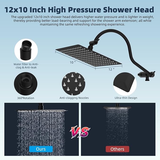 Hibbent All Metal 12'' Dual Filtered Rainfall Shower Head Combo, High Pressure - Image 6
