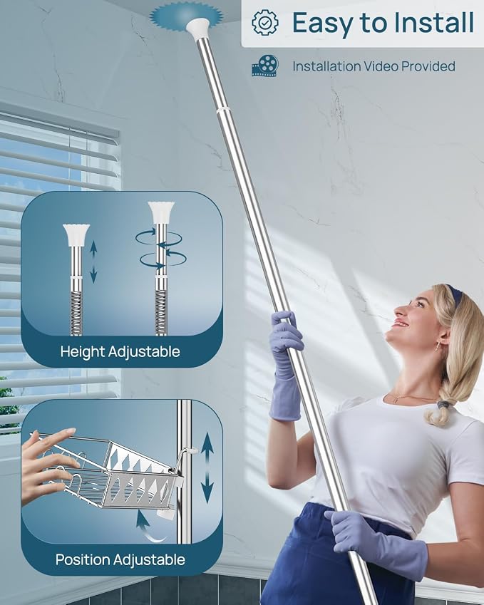 SElRIONE Corner Shower Caddy Tension Pole, Quick Setup, Rust-Free Bathroom - Image 3