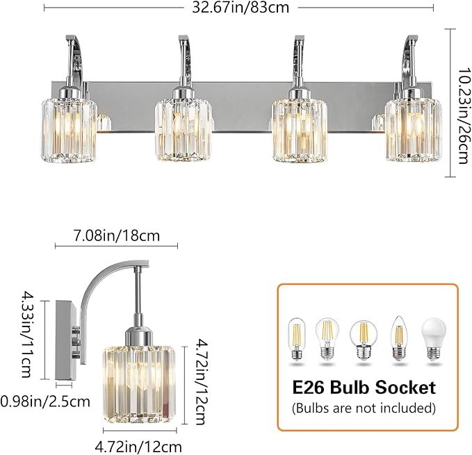 4-Light Crystal Vanity Light, Modern Chrome Bathroom Wall Sconce - Image 4