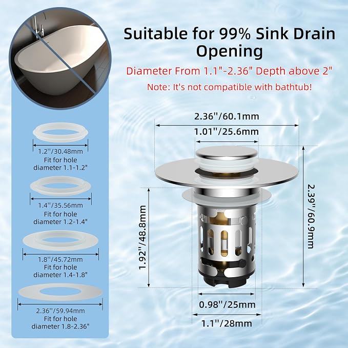 Hibbent 2 Pack 3 in 1 Bathroom Sink Drain Strainer, Universal Pop Up Stopper - Image 8