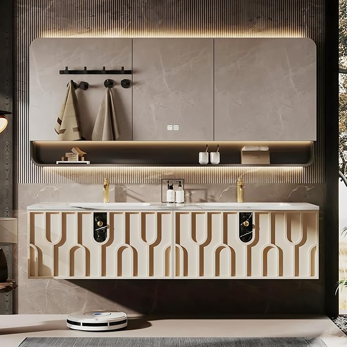 Double Sink Bathroom Vanity 68Inch, Modern Floating Vanity Set by LUTHXAY