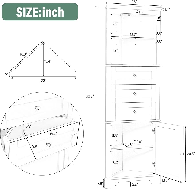 Storage Corner Cabinet with 3 Drawers and Door, Tall Line Pantry Home Space - Image 2
