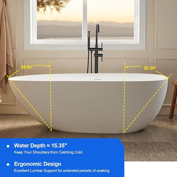 Cpingao 67" Stone Resin Freestanding Bathtub, Egg Shell Solid Surface Soaking - Image 4