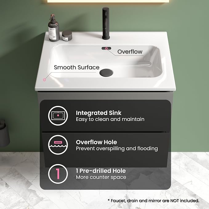 24" Bathroom Vanity with Sink, Modern Floating Vanity with Double Soft Closing - Image 4
