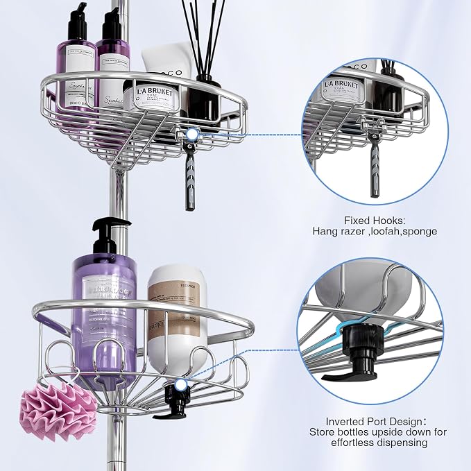 Corner Shower Caddy Tension Pole: Stainless Steel Rustproof 4-Tier Shower - Image 3