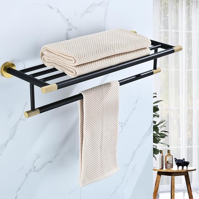 Black Brushed Gold Towel Rack 24'' Bath Towel Shelf by Linatikou
