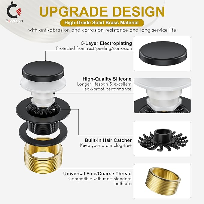 Matte Black Bathtub Drain Stopper and Overflow Kit, Solid Brass Tip-Toe Bath - Image 2