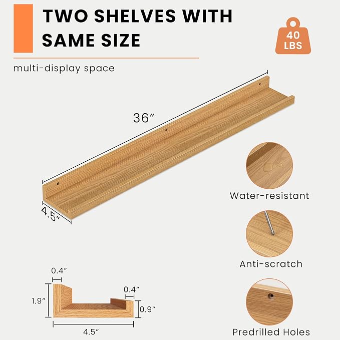Heimlove Picture Ledge Shelf, Floating Shelves Set of 2, 36 Inches Picture Shelf - Image 3