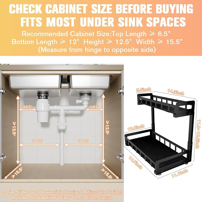 Under Sink Organizer, Metal Large Capacity 2-Tier Sliding Cabinet Storage Rack - Image 2