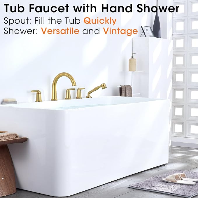 Roman Bath Tub Faucet Set with Sprayer, 5 Hole Widespread Deck Mount Bathtub - Image 2