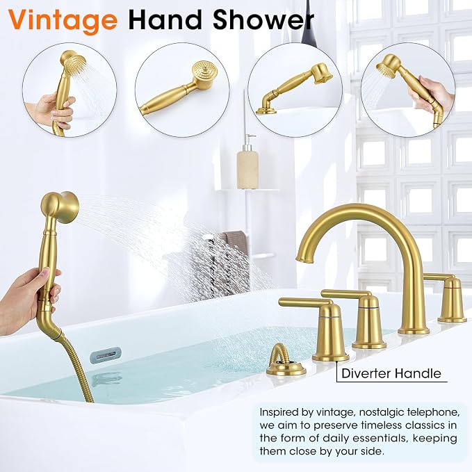 Roman Bath Tub Faucet Set with Sprayer, 5 Hole Widespread Deck Mount Bathtub - Image 5