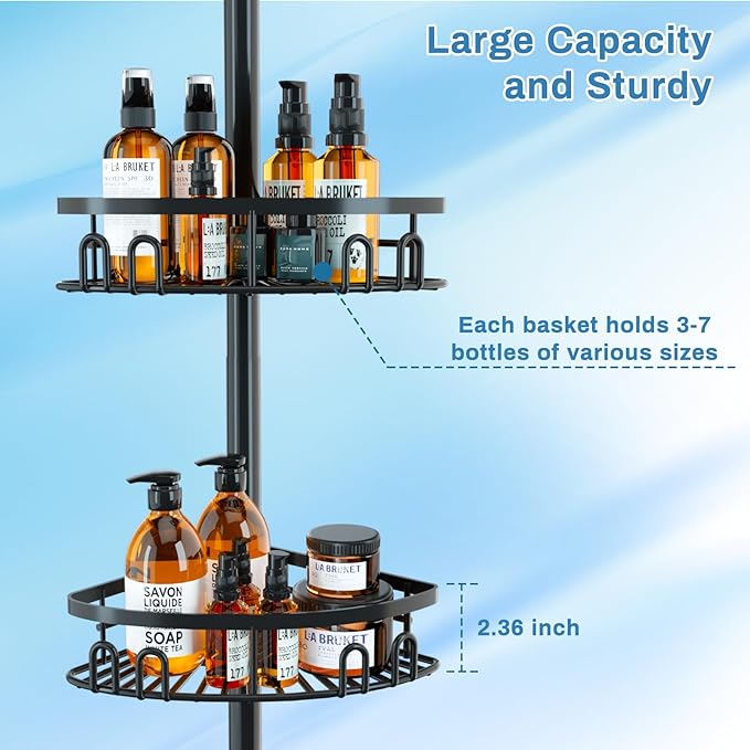 Rustproof Corner Shower Caddy Freestanding Tension Pole, 4 Large Baskets - Image 4