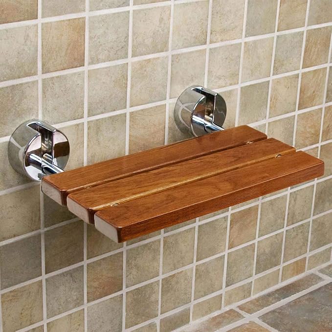 HomeAesthetics 20" Teak Wood Folding Wall Mounted Shower Seat Bench, Medical - Image 2
