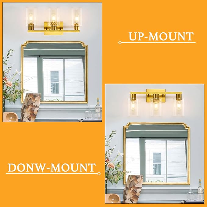 Gold 3-Light Bathroom Vanity Light, Modern Brushed Gold Vanity Lights - Image 7