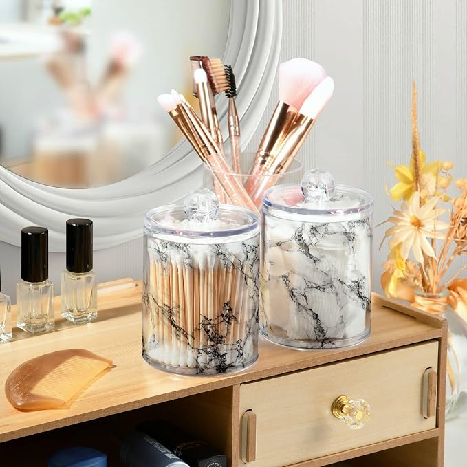 MNSRUU 4 Pack Qtip Holder Organizer Dispenser Stylish White Marble Texture - Image 6