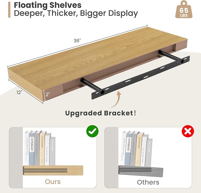 Heimlove 12" Deep Floating Shelves, 36 x 12 Inch Wall Mounted Long Floating - Image 3