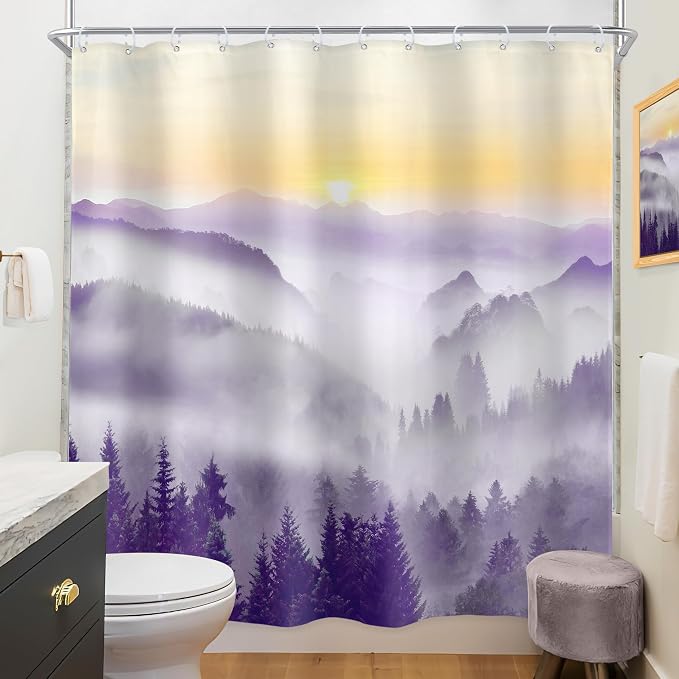 Riyidecor Misty Mountain Shower Curtain 72Wx72H Inch Purple Sunrise Nature - Image 4