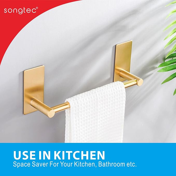 Songtec Gold Towel Bar 12-Inch, Adhesive Stick On Bath Towel Rack No Drill - Image 7