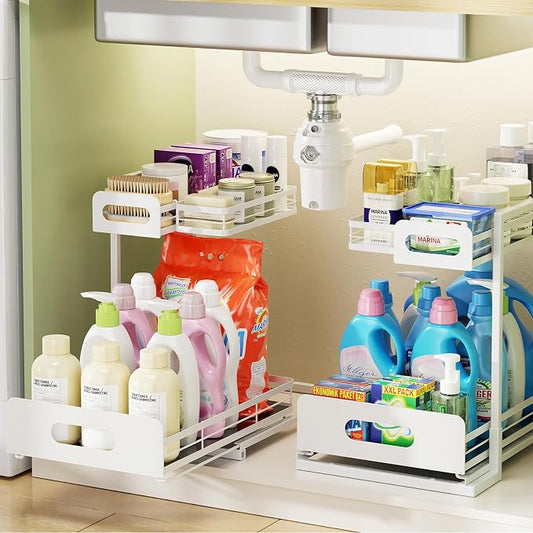 Delamu 2 Pack Metal Bathroom Organizers and Storage, 2 Tier Pull Out Under Sink by DELAMU