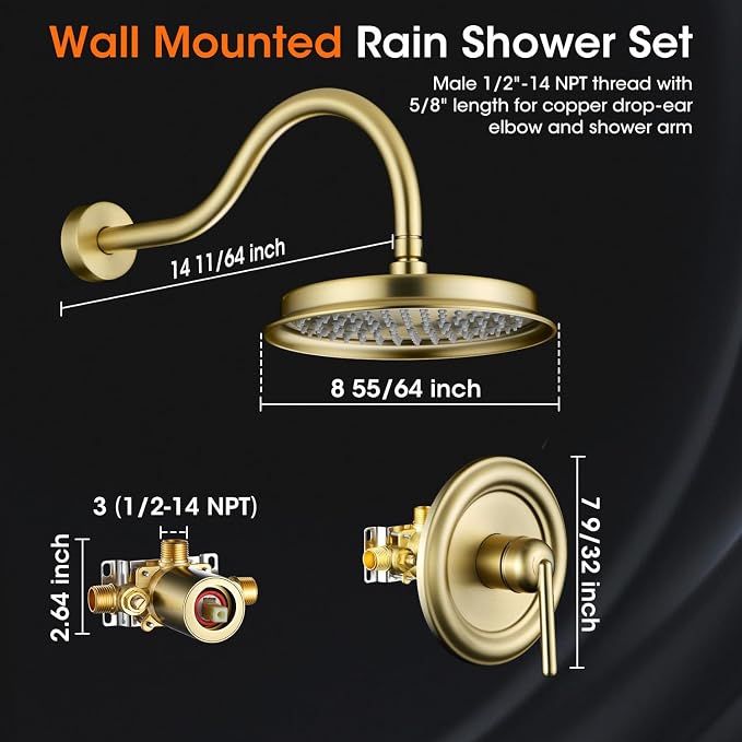 Antique Shower Faucet Set Brushed Gold, 9 inch High Pressure Rainfall Shower - Image 2