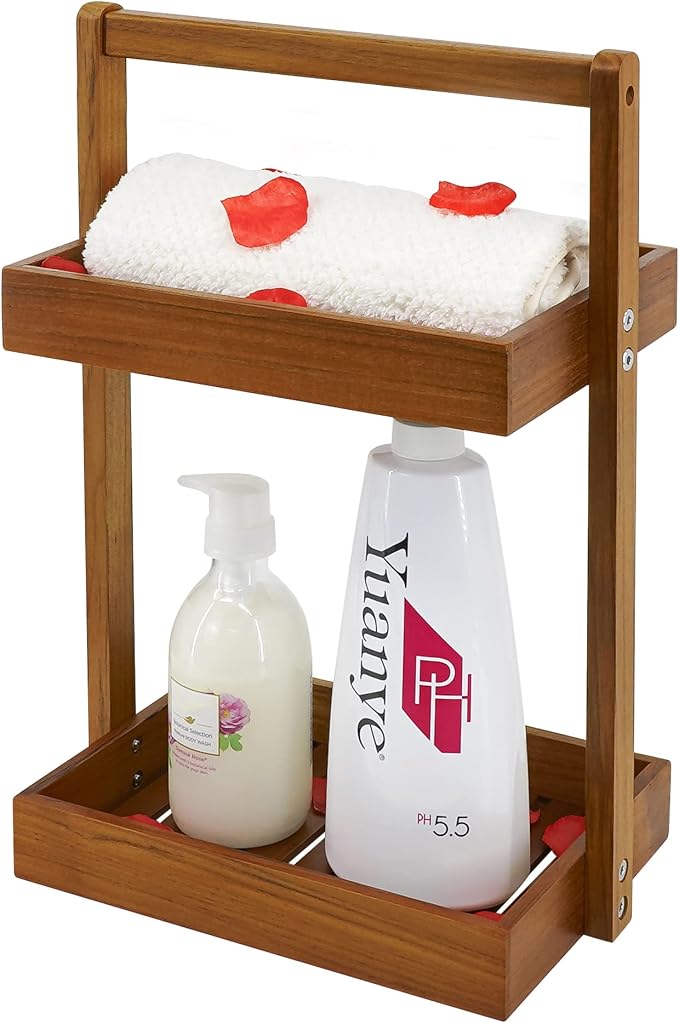 Utoplike Teak Wood Shower Caddy Corner, 2 Tier Bathroom Organizer Countertop by Utoplike