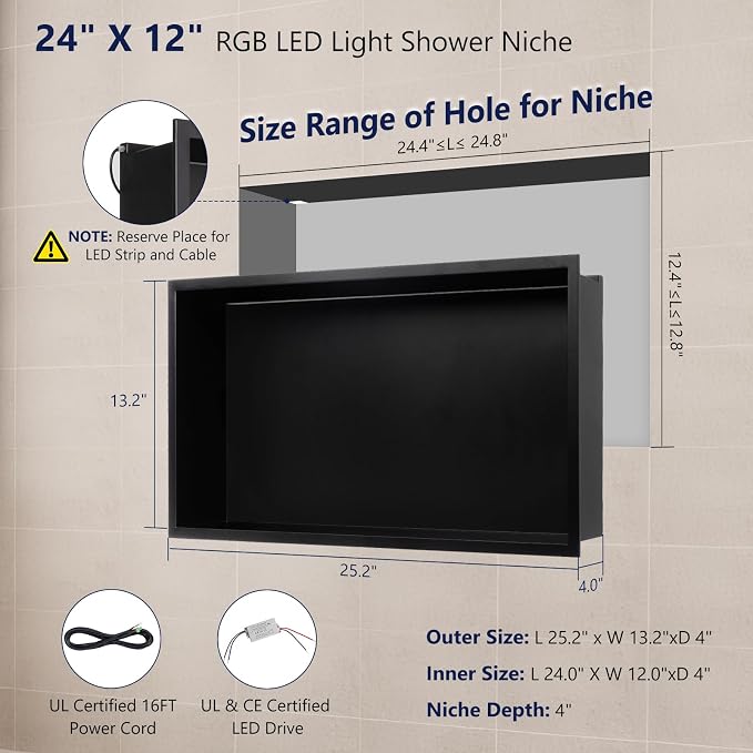 24" X 12" RGB LED Shower Niche No Tile Needed, 304 Stainless Steel Shower Niche - Image 2