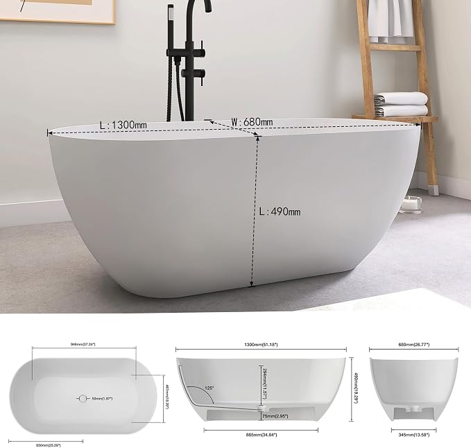 SJ STAR&JANE 51" Solid Surface Freestanding Bathtub, Matte White Oval Soaking - Image 8