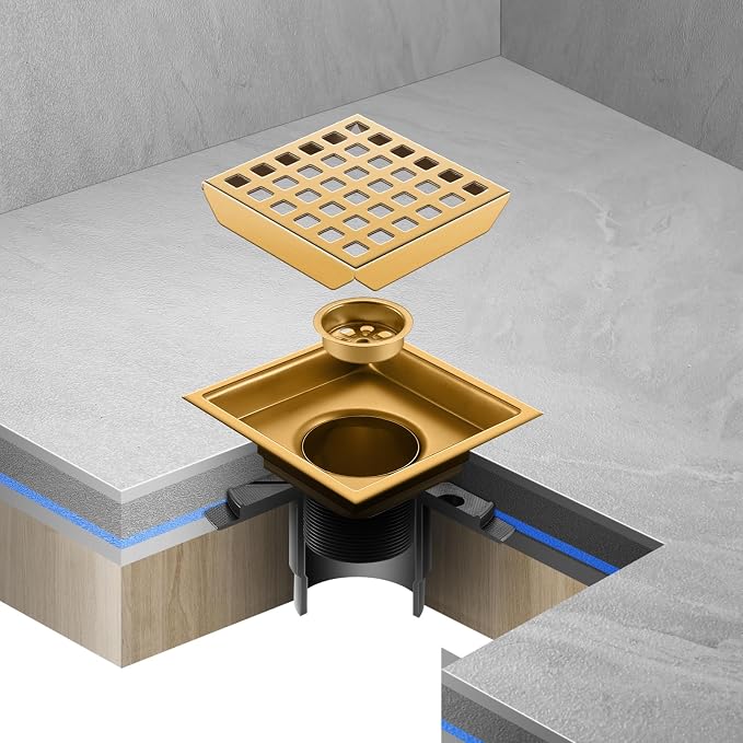 Shower Drain, Brushed Gold 4 inch Shower Floor Square Drain - Image 5