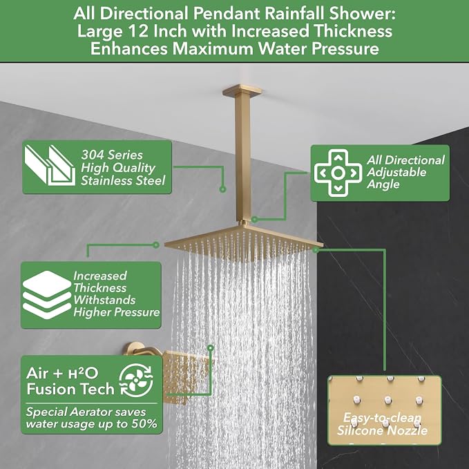 VANFOXLE Shower Faucet Set Brushed Gold Shower System, Push Button Diverter - Image 2