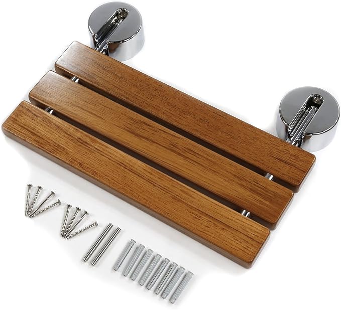 HomeAesthetics 20" Teak Wood Folding Wall Mounted Shower Seat Bench, Medical - Image 3