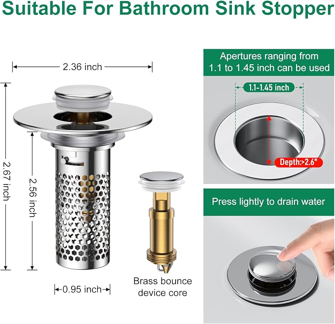 ​Bathroom Sink Drain Strainer, Pop-Up Sink Stopper Hair Catcher, Anti-Clog - Image 2