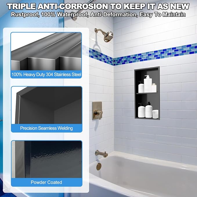 304 Stainless Steel Shower Niche Insert-Glossy Black 24 x 12" No Tile Needed - Image 3