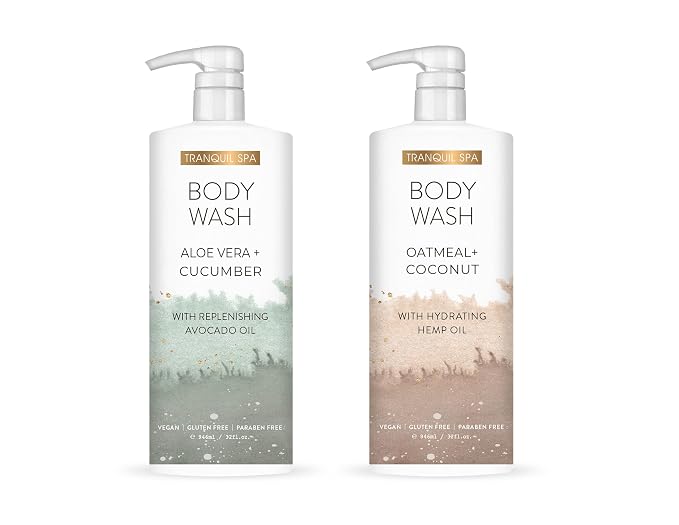 Tranquil Spa Body Wash Duo, Aloe Vera + Cucumber, Oatmeal + Coconut | Two 32oz by HomeBodyCompany