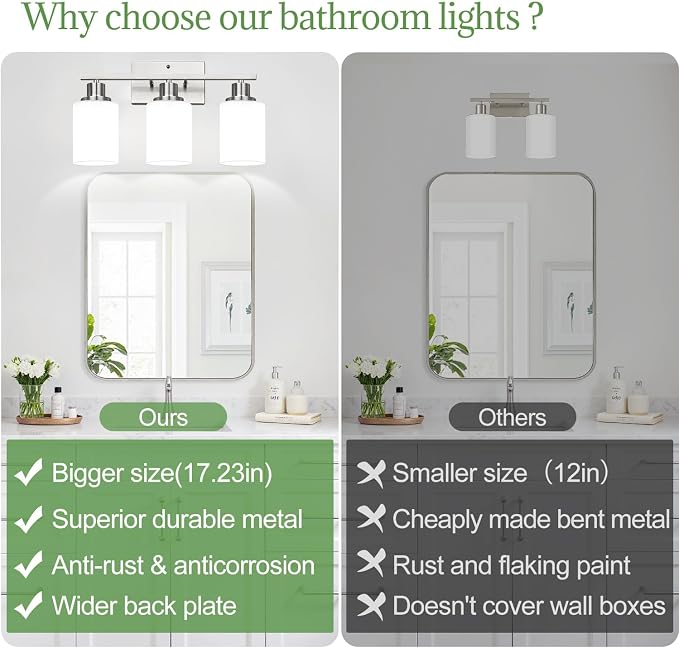 3-Light Bathroom Light Fixtures, Brushed Nickel Vanity Light - Image 2