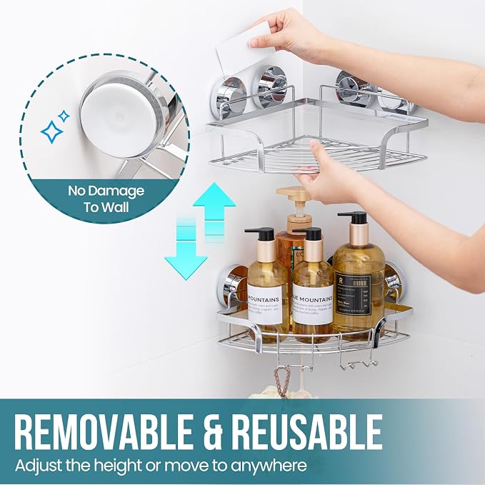 TAILI 2 Pack Powerful Suction Cup Corner Shower Caddy, Stainless Steel - Image 8