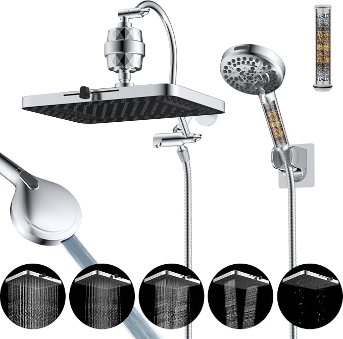 Hibbent Upgraded 5-spray 13'' Dual Filtered Rainfall Shower Head Combo by Hibbent