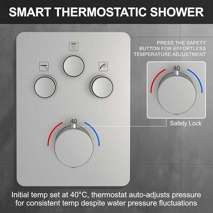 KOJOX Brushed Nickel Thermostatic Shower System, Push Button Diverter Shower - Image 5