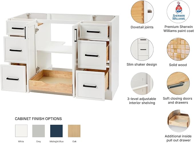 ARIEL Kelly 48 inch Bathroom Vanity Without Sink in White, Bathroom Base Cabinet - Image 4