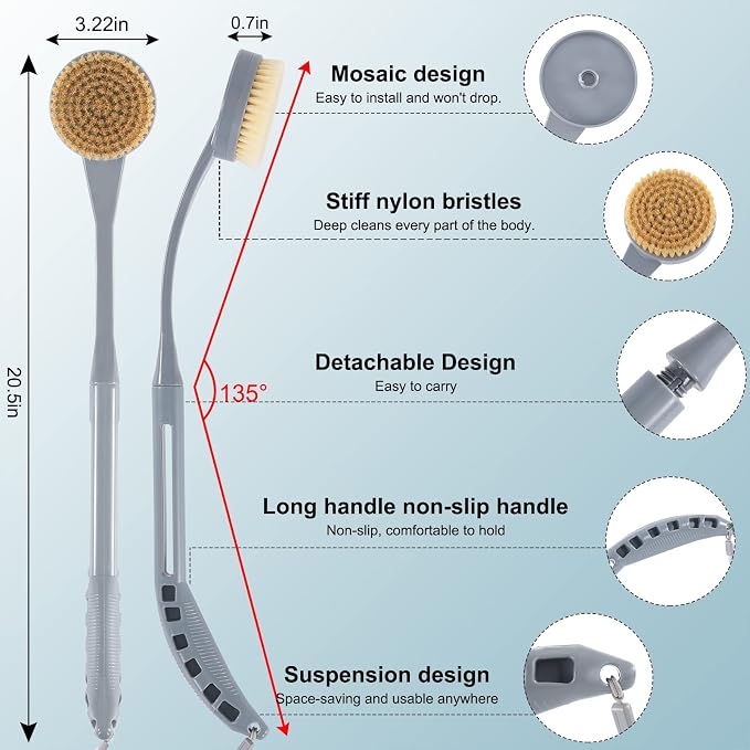 Back Brush Long Handle for Shower, 20.5” Back Bath Brush for Shower, Back - Image 2