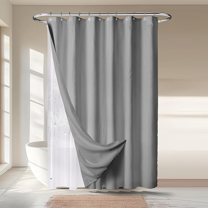 River Dream 3 in 1 Shower Curtain Set, Extra Long Waffle Fabric Shower Curtain by RiverDream