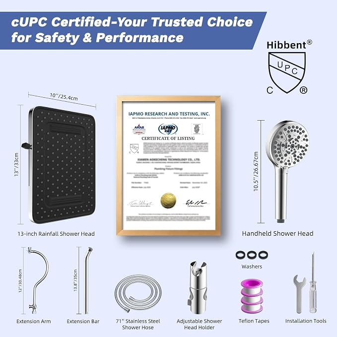Hibbent Upgraded cUPC Certified 13'' Shower Head Combo, High Pressure 5 Spray - Image 8